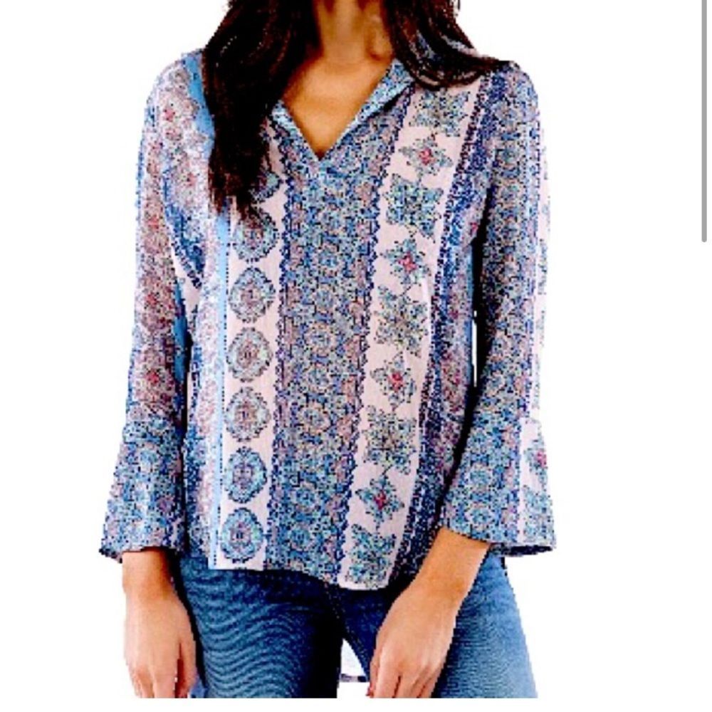 Kut from the Kloth Floral Patchwork Blouse in Blue and Pink